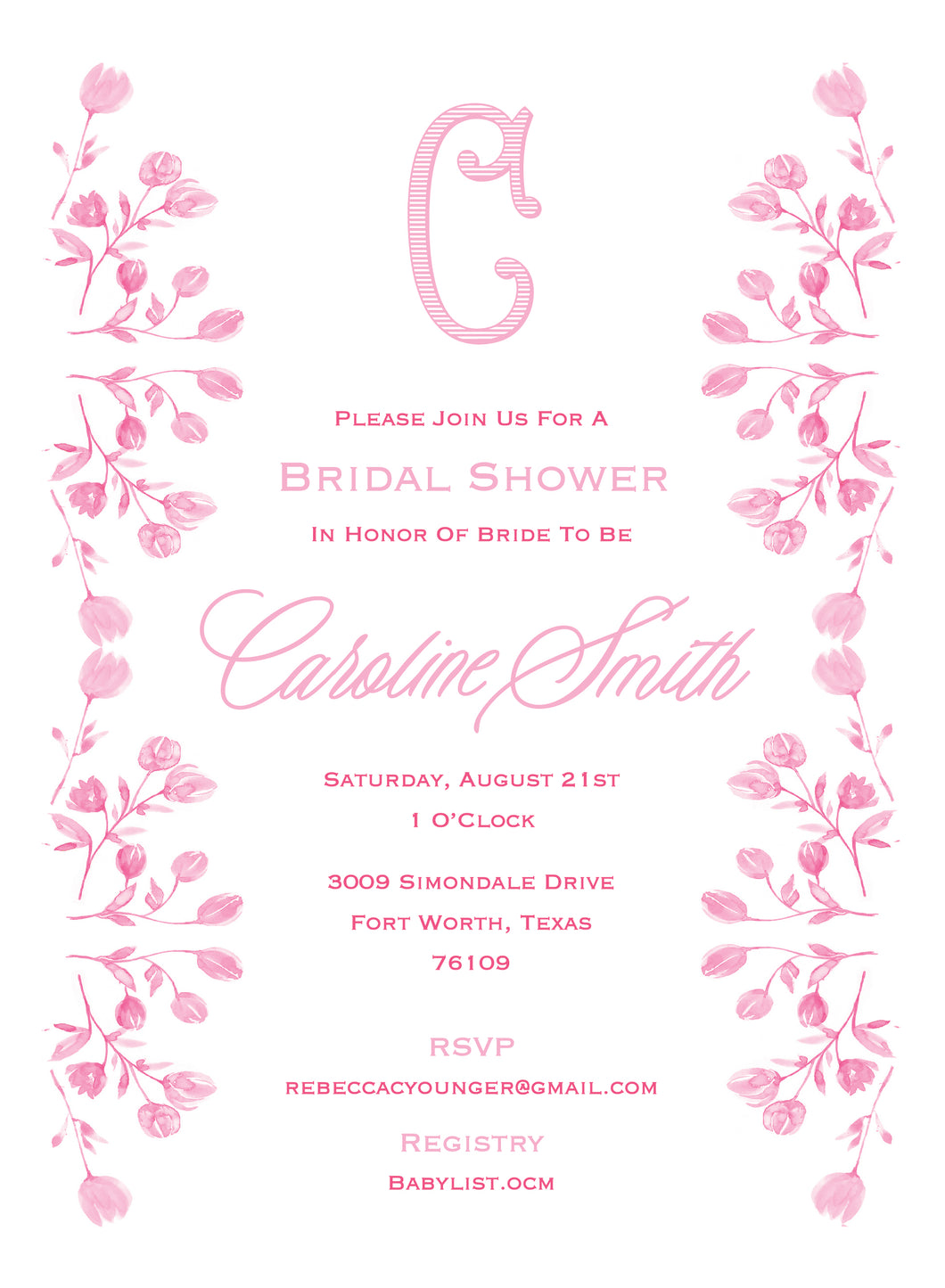 Pink Floral Monogram Invitation